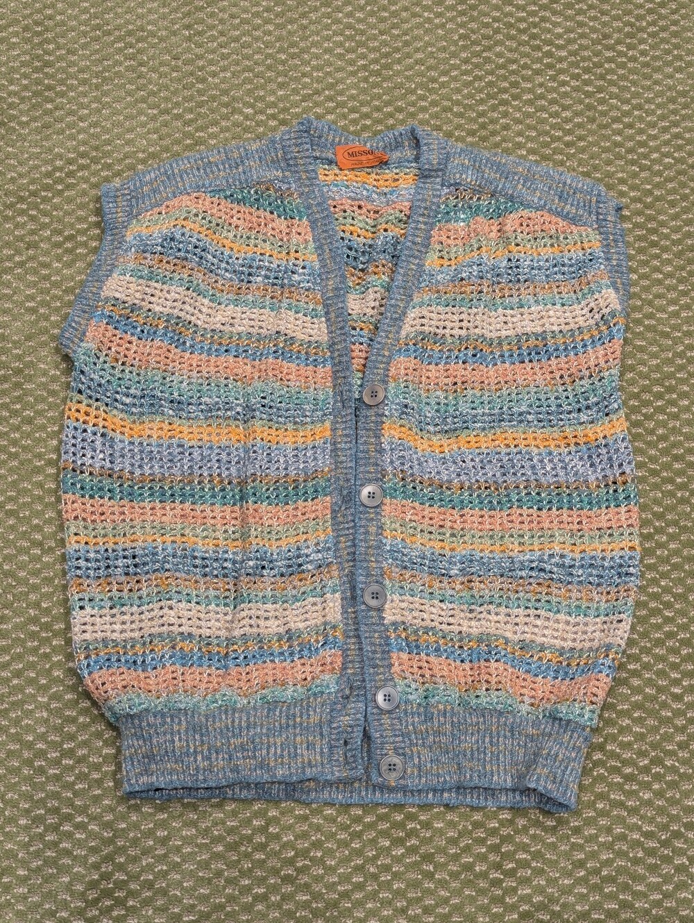 missoni blue multicolor open-knit button sweater vest